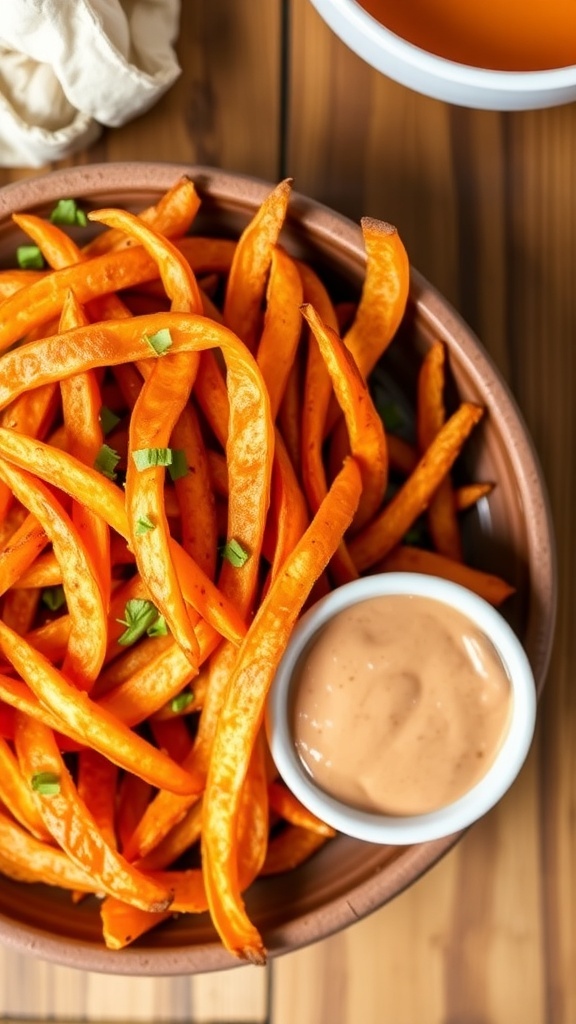 Crispy Air Fryer Shoestring Sweet Potato Fries Crispy shoestring sweet potato fries in a bowl with dipping sauce on a wooden table.